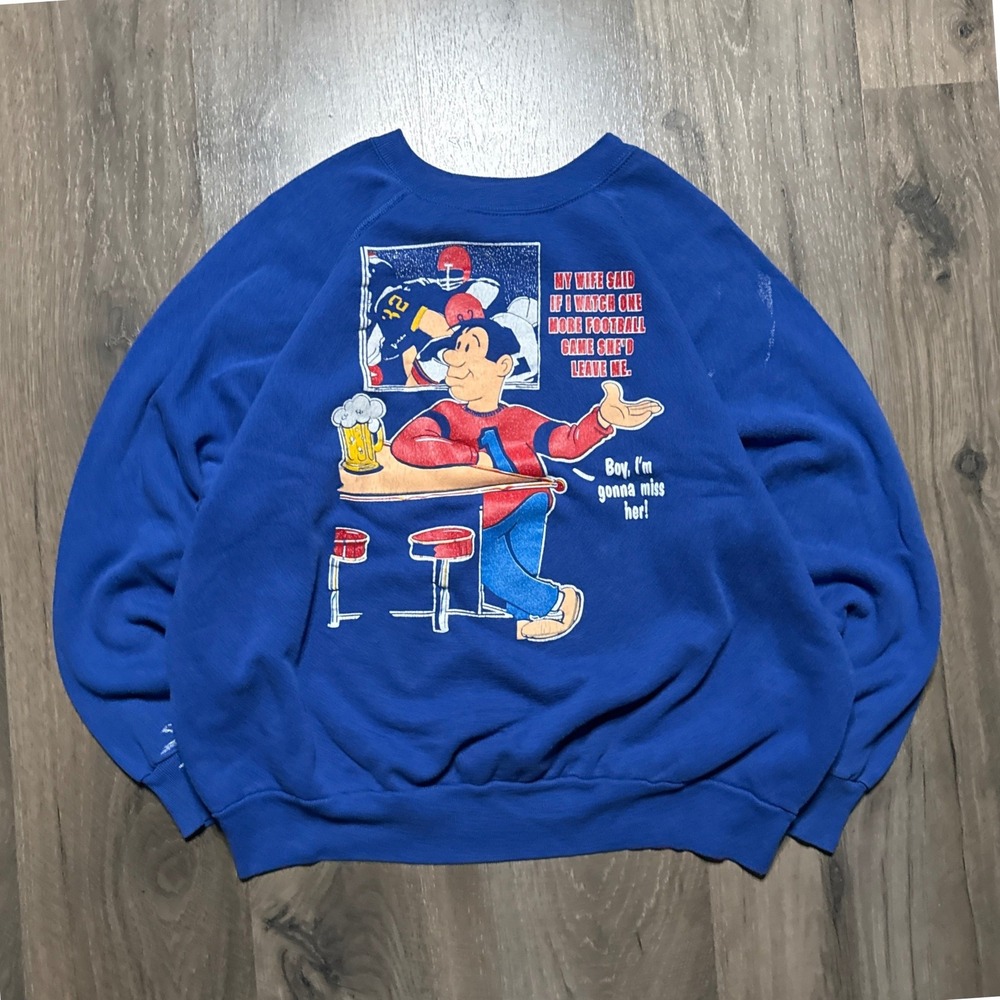Vintage 80s Cartoon Comedy 'Leave Wife' Football Fan Sweatshirt Blue Graphic XL